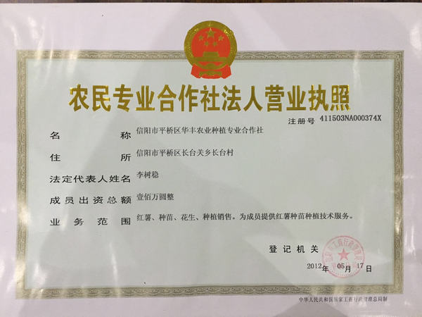 信陽紅薯苗合作社法人營業(yè)執(zhí)照
